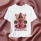 White t-shirt with 'Gemini' design featuring a woman in a pink dress on a pink fabric background