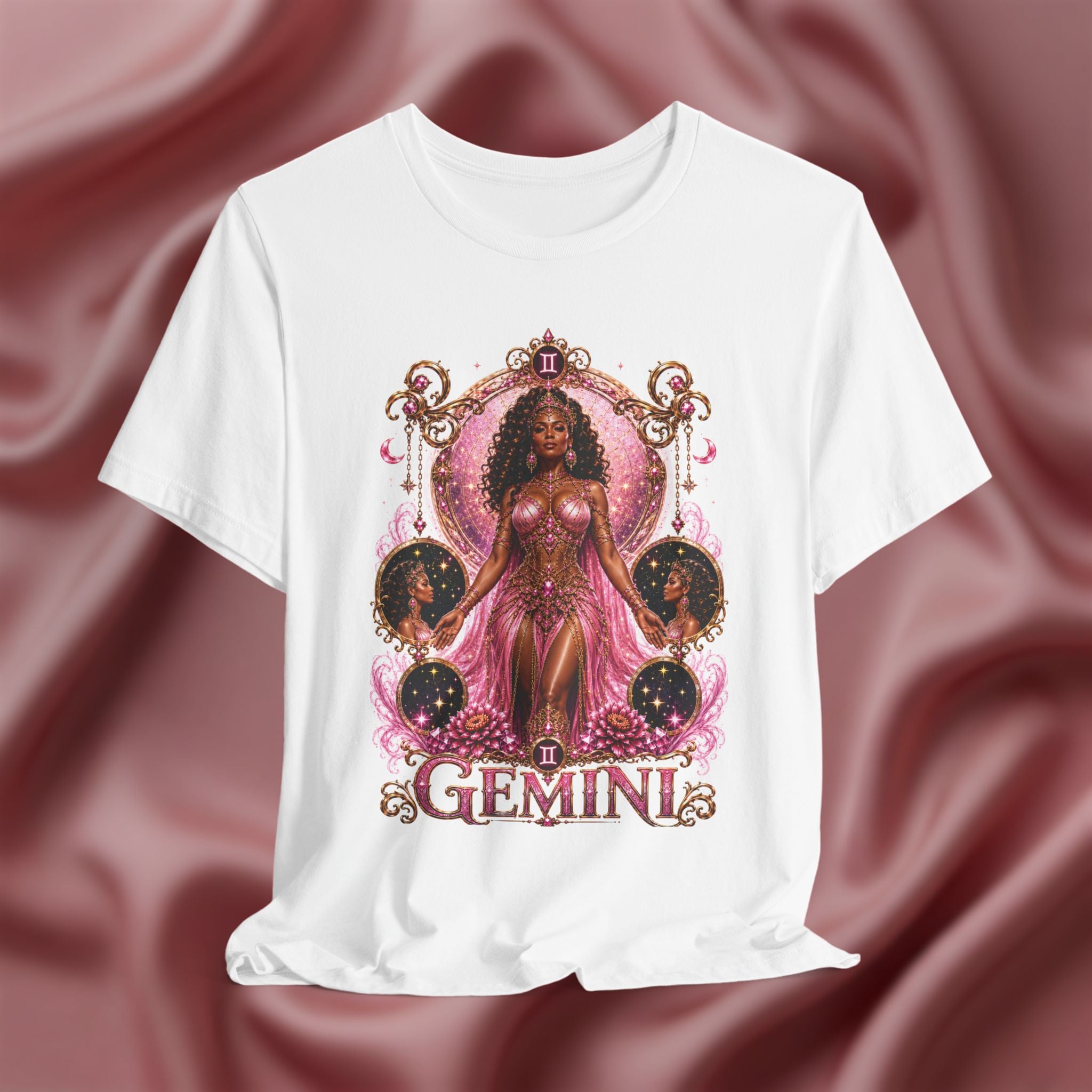 White t-shirt with 'Gemini' design featuring a woman in a pink dress on a pink fabric background