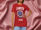 Person wearing a red t-shirt with American flag sunflower and 'CANCER ENERGY' text on a textured pink background