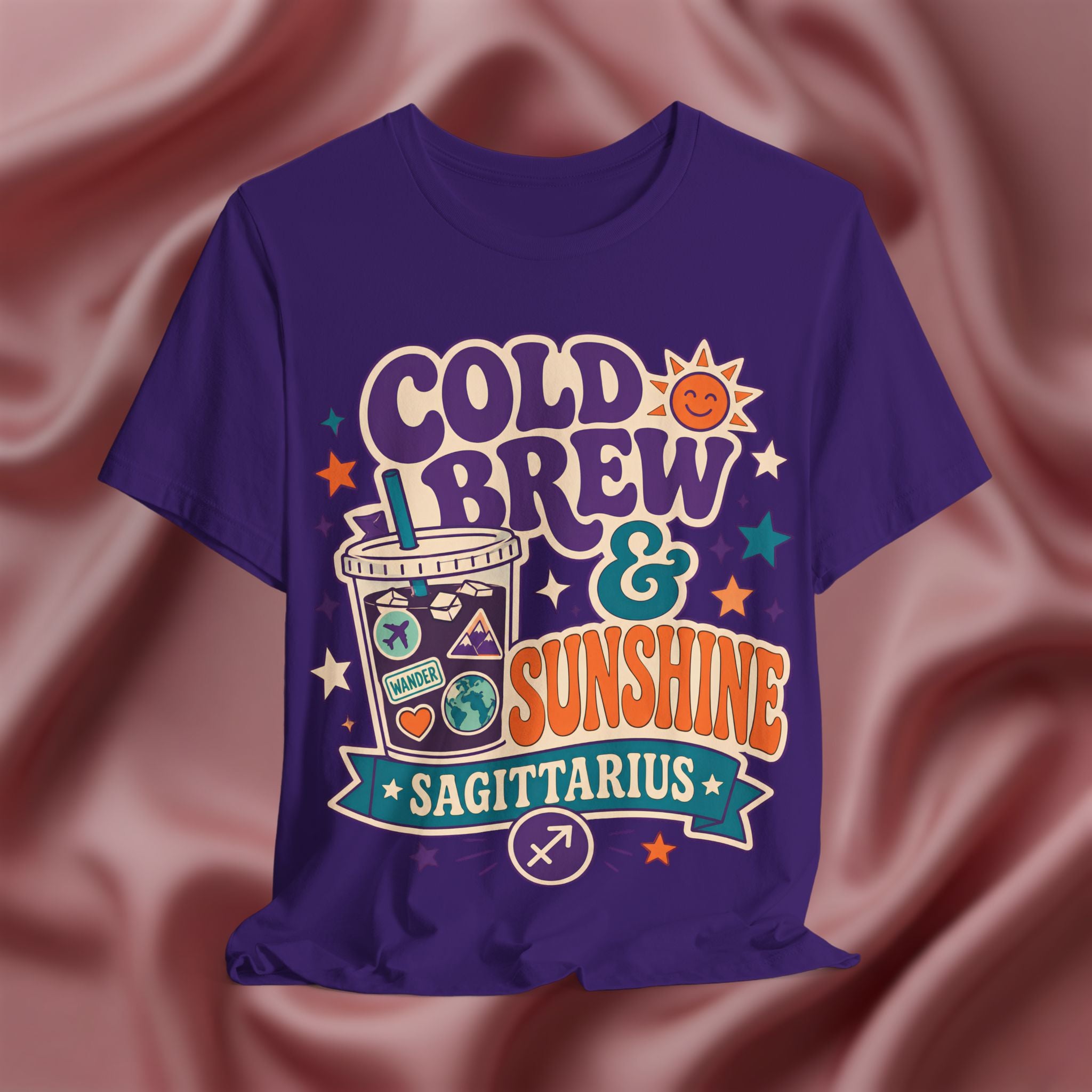 Purple t-shirt with 'Cold Brew & Sunshine Sagittarius' design