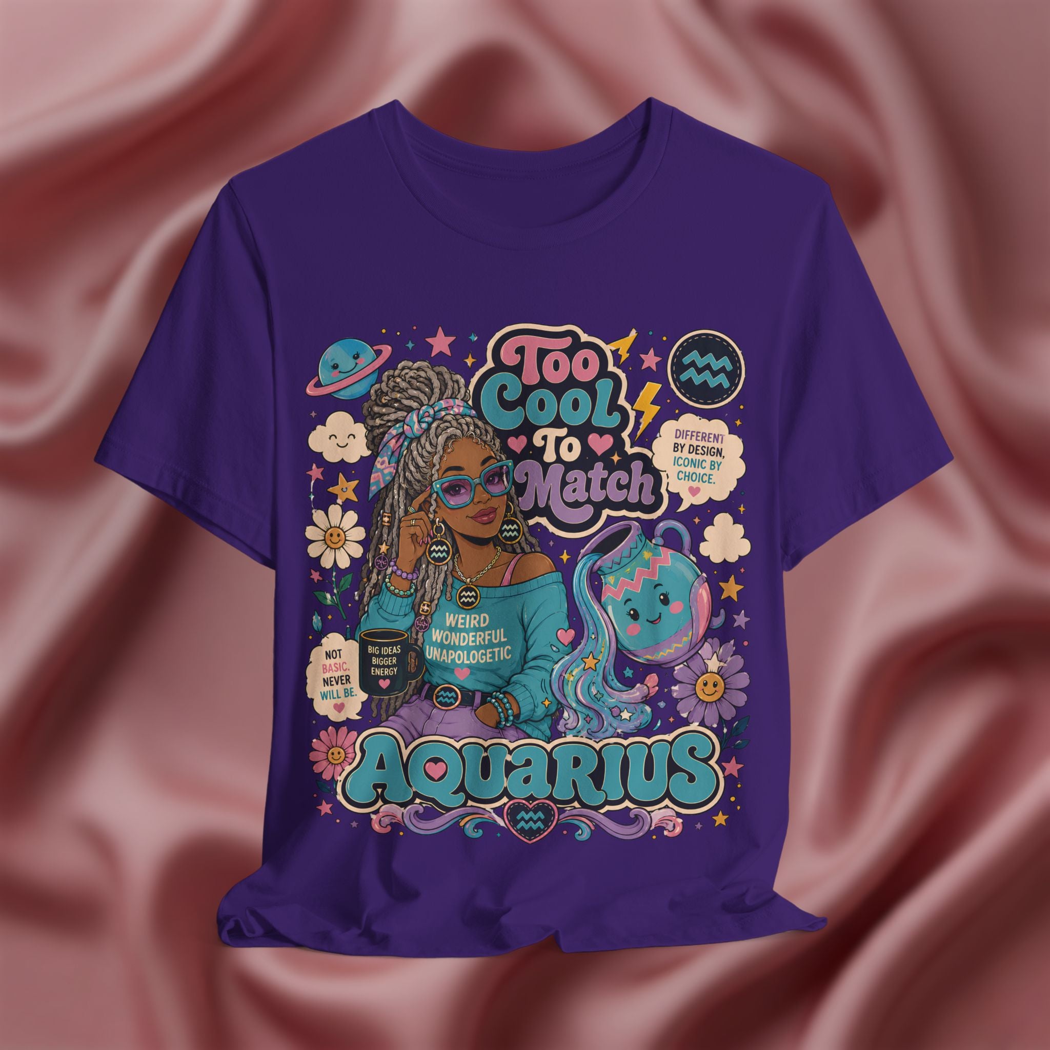 Purple t-shirt with Aquarius-themed design featuring a person with braided hair 