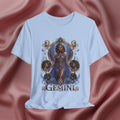 Baby blue t-shirt with 'Gemini' design featuring a woman in a blue dress on a pink fabric background