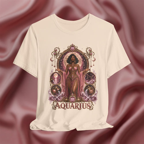 Cream T-shirt with 'Aquarius' design featuring a woman in a pink dress on a pink fabric background