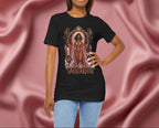 Person wearing a black t-shirt with 'Aquarius' design featuring a woman in a pink dress on a pink fabric background