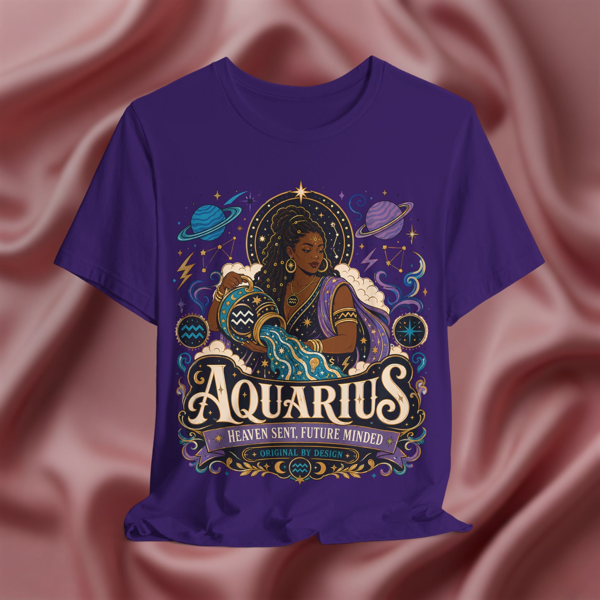 Purple t-shirt with Aquarius zodiac design on a textured pink background