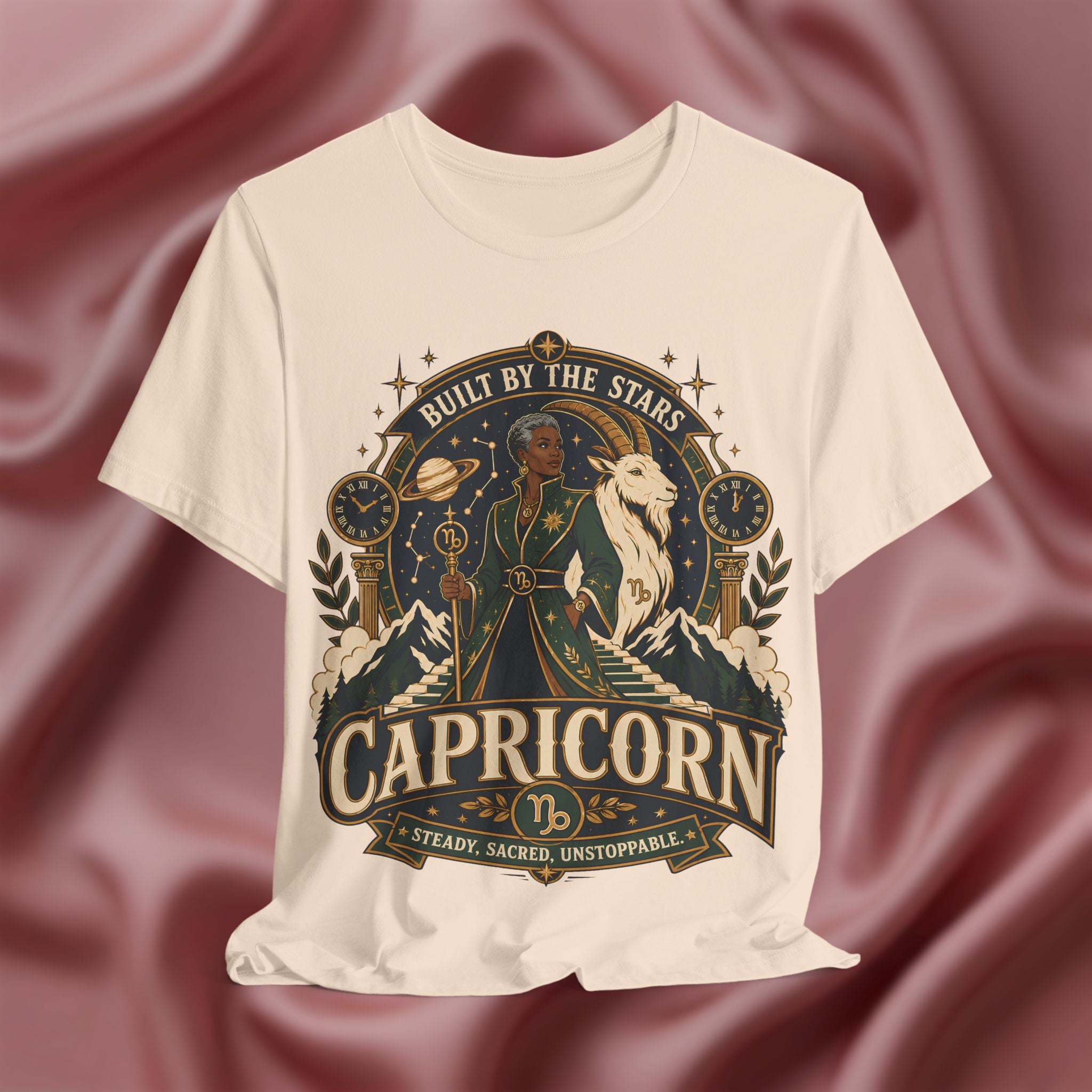 T-shirt with Capricorn design on a textured fabric background
