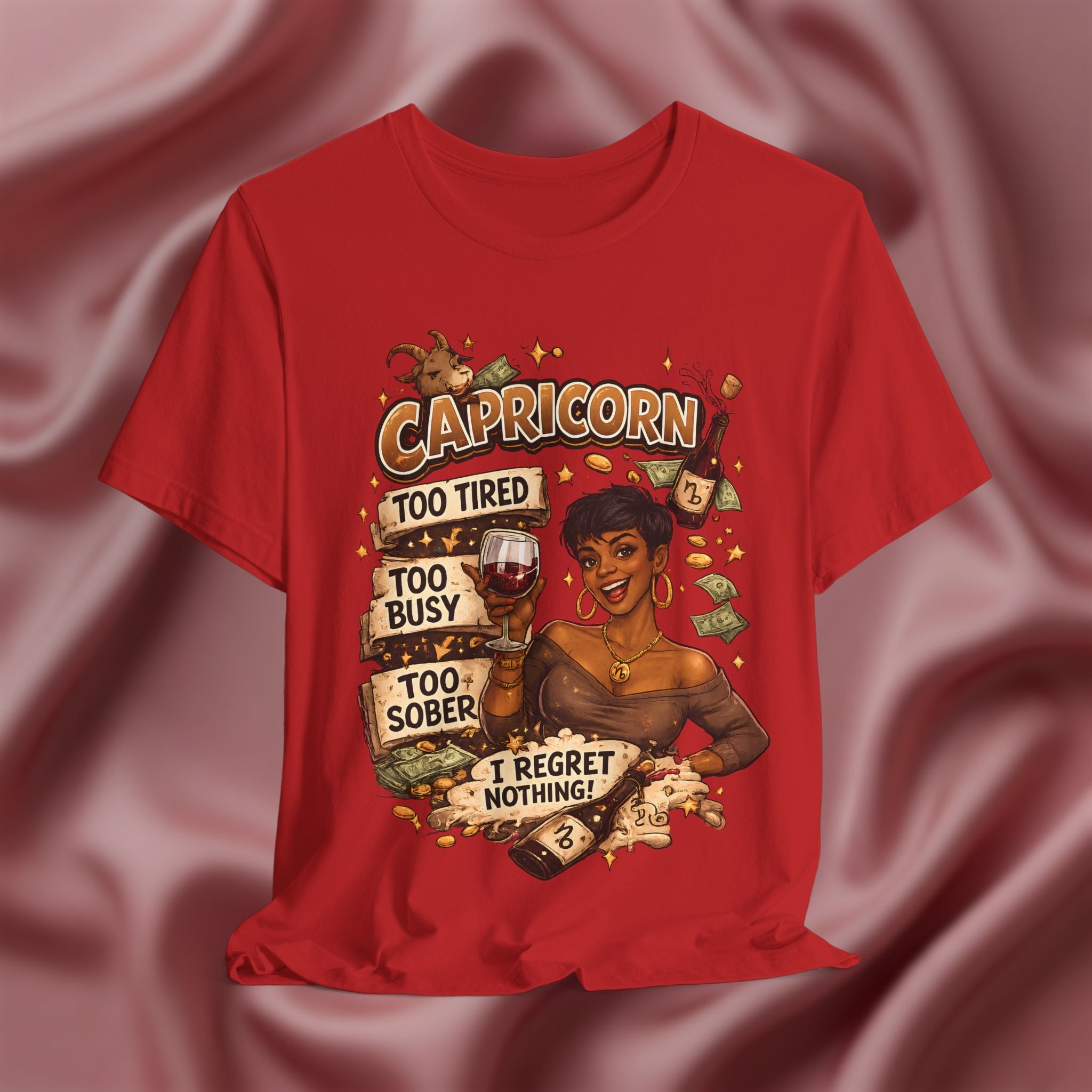 Red t-shirt with Capricorn zodiac design on a textured red background