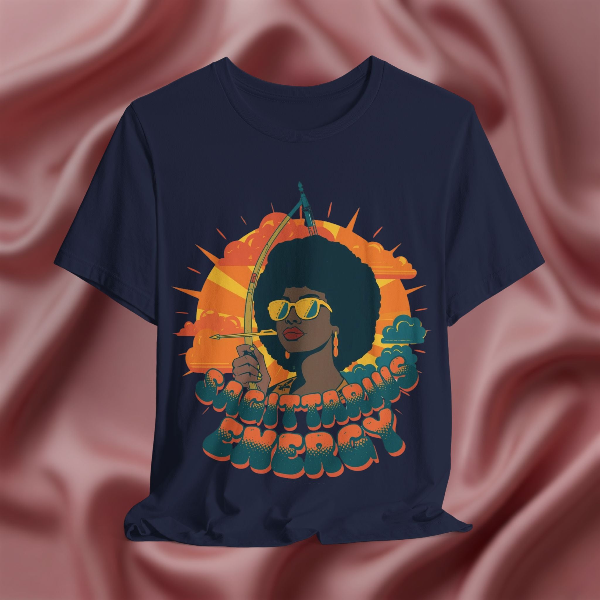 Navy blue t-shirt with a graphic of a woman holding an arrow and the text 'Sagittarius Energy'
