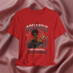 Red t-shirt with Aquarius design featuring a black woman and text 'The original free thinker' on a pink fabric background