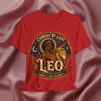 Red t-shirt with 'Crowned by Light Leo' design