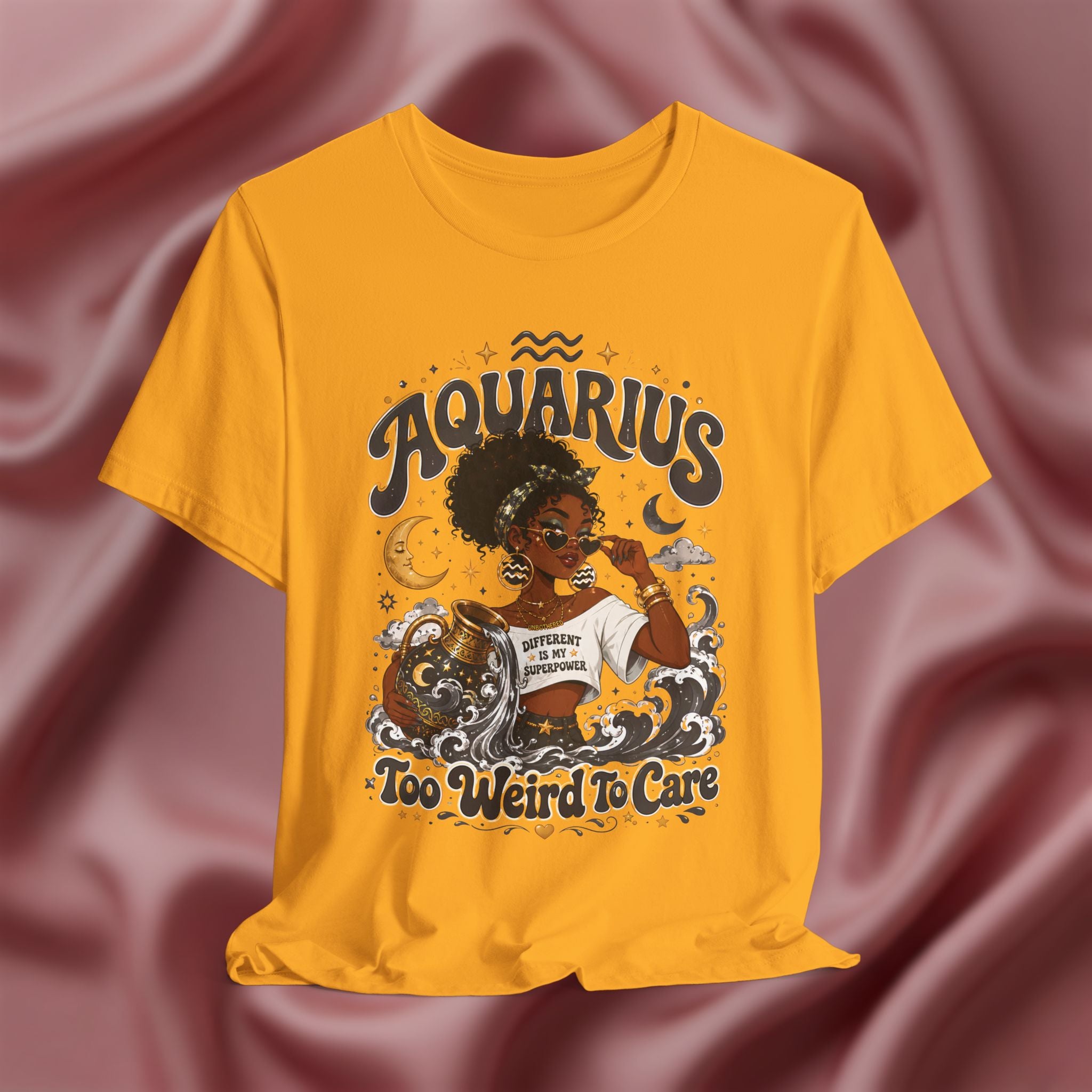 Gold Yellow with 'Aquarius Too Weird To Care' design featuring a black woman wearing a t-shirt with the text 'different is my superpower' on a pink fabric background