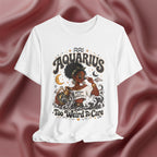 White t-shirt with 'Aquarius Too Weird To Care' design featuring a black woman wearing a t-shirt with the text 'different is my superpower' on a pink fabric background