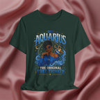 Green t-shirt with Aquarius design featuring a black woman and text 'The original free thinker' on a pink fabric background