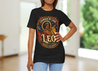 Woman wearing a black t-shirt with 'Crowned by Light Leo' design