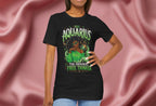 Person wearing a black t-shirt Pink t-shirt with Aquarius design featuring a black woman and text 'The original free thinker' on a pink fabric background