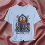 Baby Blue T-shirt with 'Aquarius' design featuring a woman in a blue dress on a pink fabric background