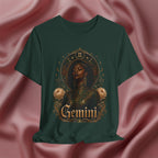 Green t-shirt with 'Gemini' design featuring a woman's face and roses on a pink fabric background
