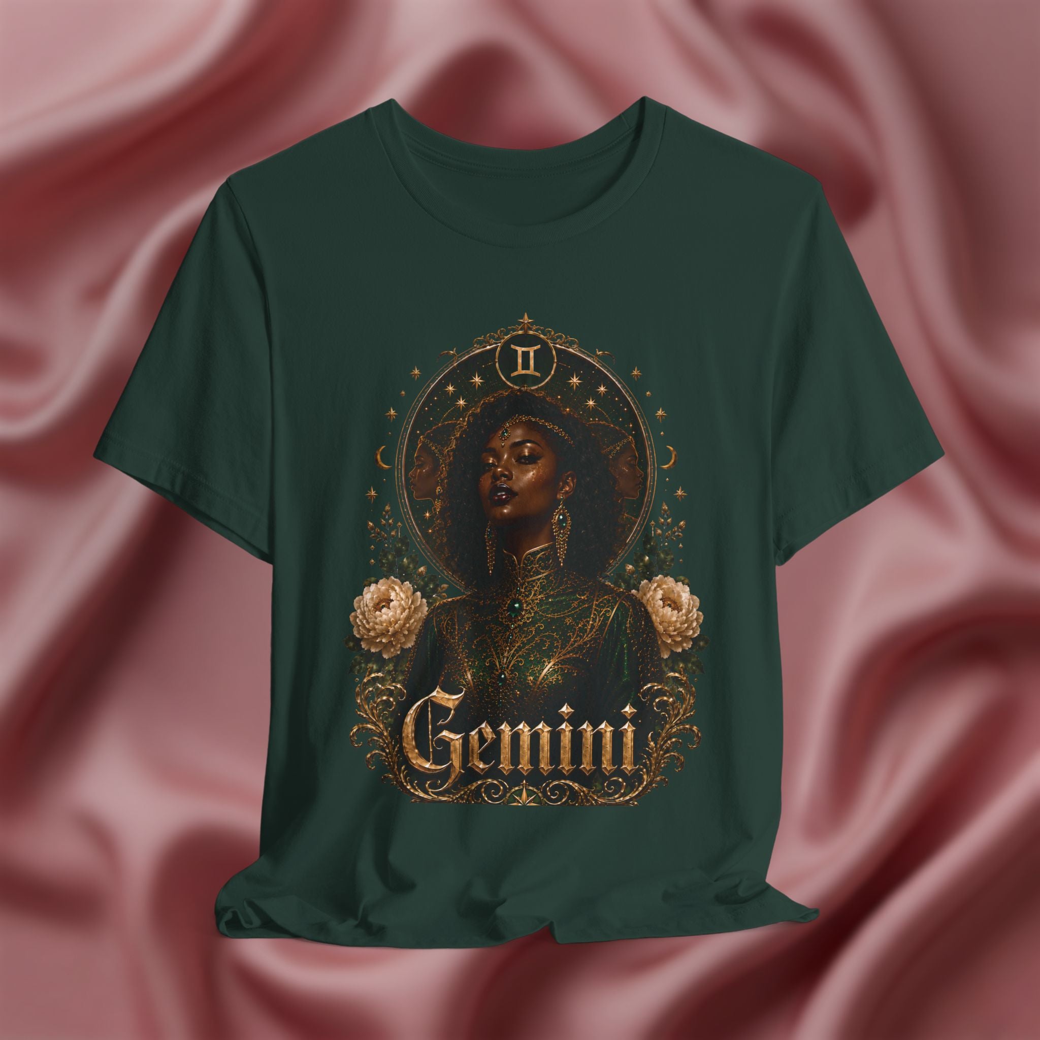 Green t-shirt with 'Gemini' design featuring a woman's face and roses on a pink fabric background