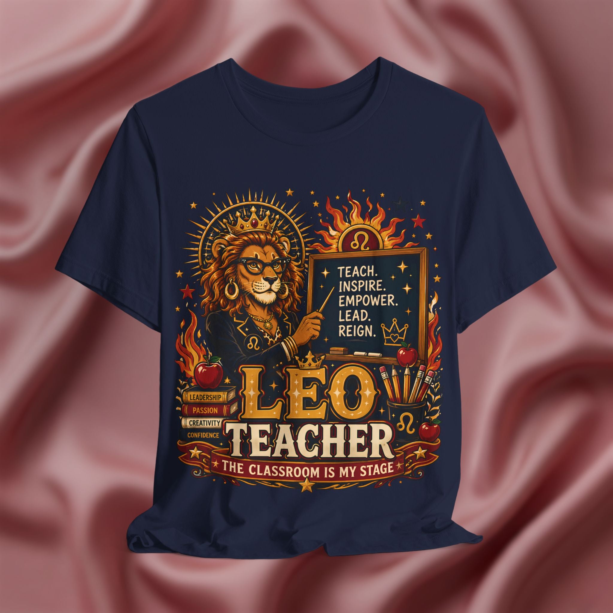 Navy blue t-shirt with 'Leo Teacher' design featuring a lion and educational elements