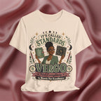Soft cream t-shirt with Virgo zodiac design on a maroon fabric background