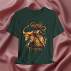 Green t-shirt with Taurus zodiac design  featuring a bull and black woman on a pink fabric background