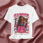 White t-shirt with Cancer zodiac design featuring a woman on a pink fabric background