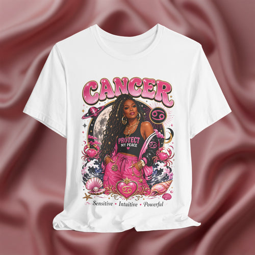 White t-shirt with Cancer zodiac design featuring a woman on a pink fabric background