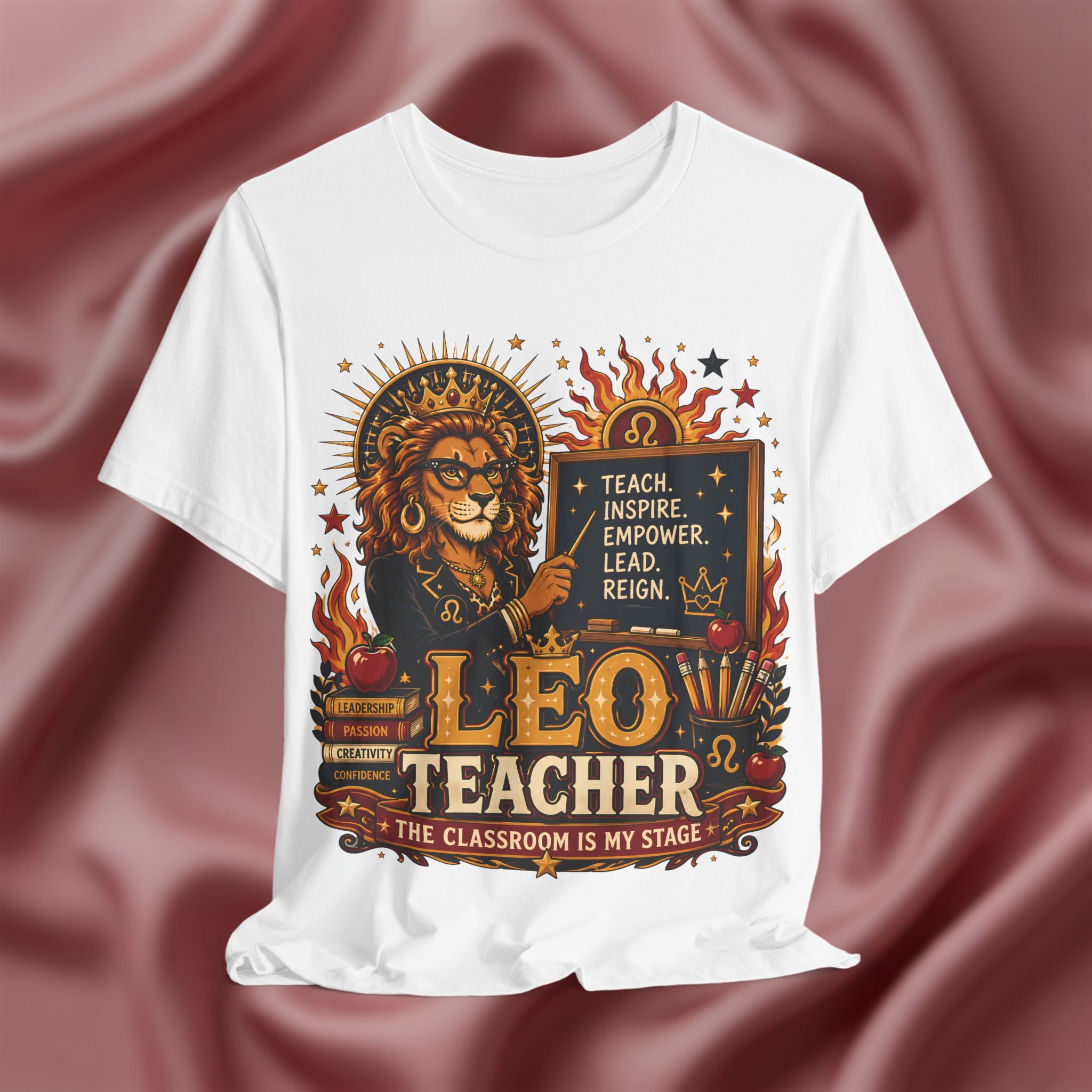 White t-shirt with Leo Teacher graphic design