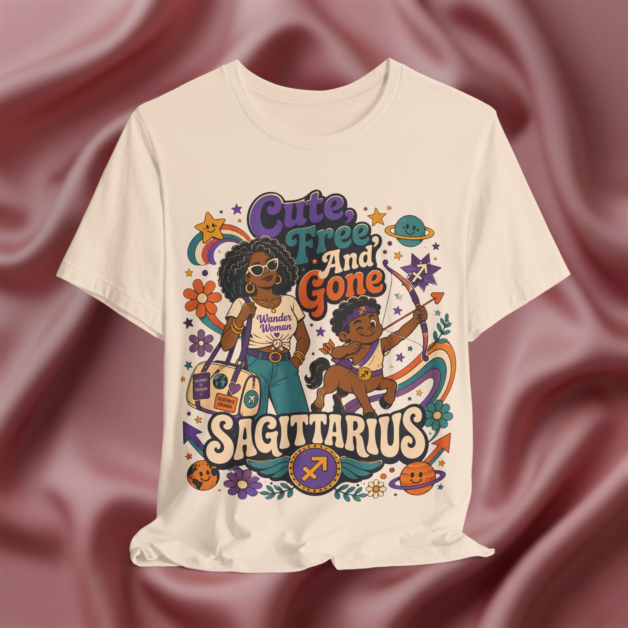 Soft cream T-shirt with Sagittarius zodiac design on a textured brown background