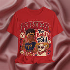 Red t-shirt with Aries zodiac design featuring a woman and ram on a pink satin background