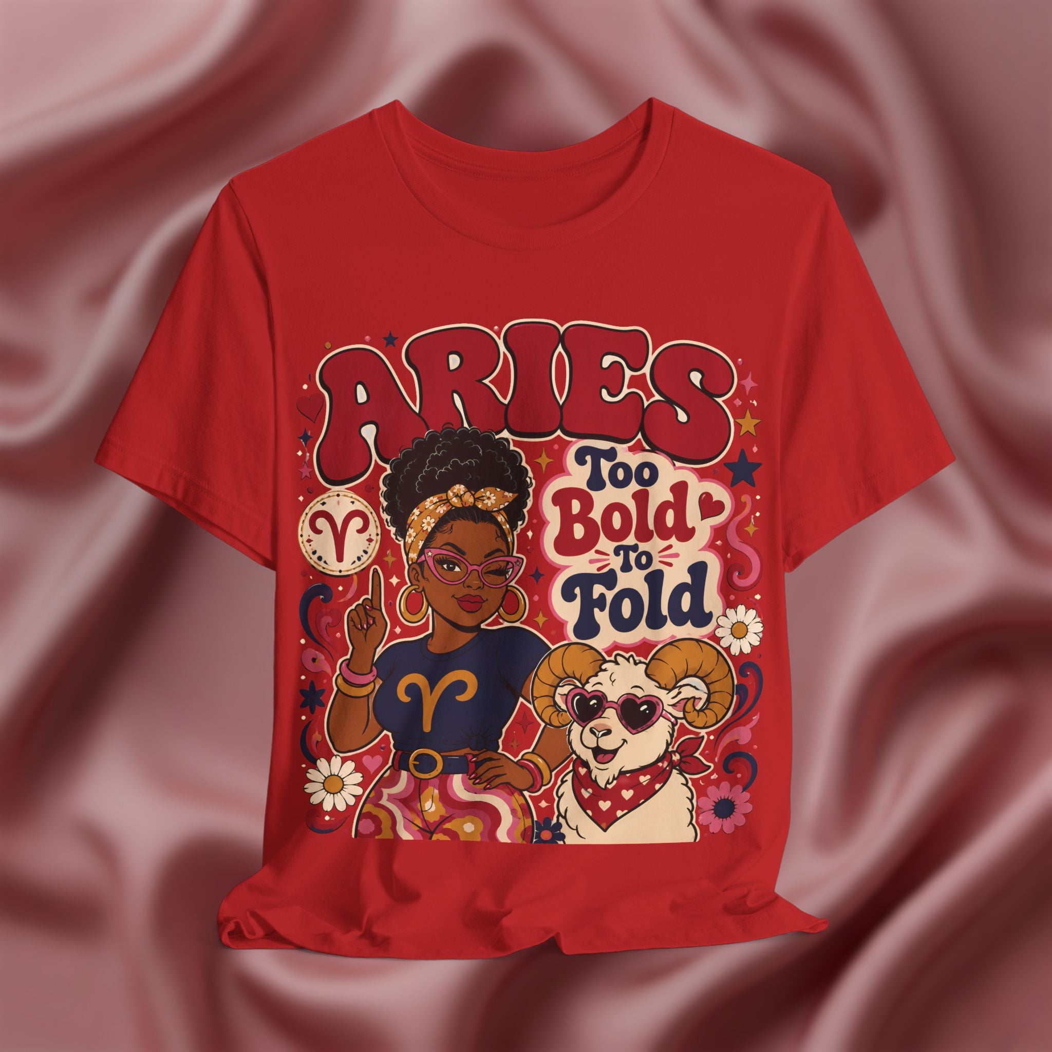 Red t-shirt with Aries zodiac design featuring a woman and ram on a pink satin background