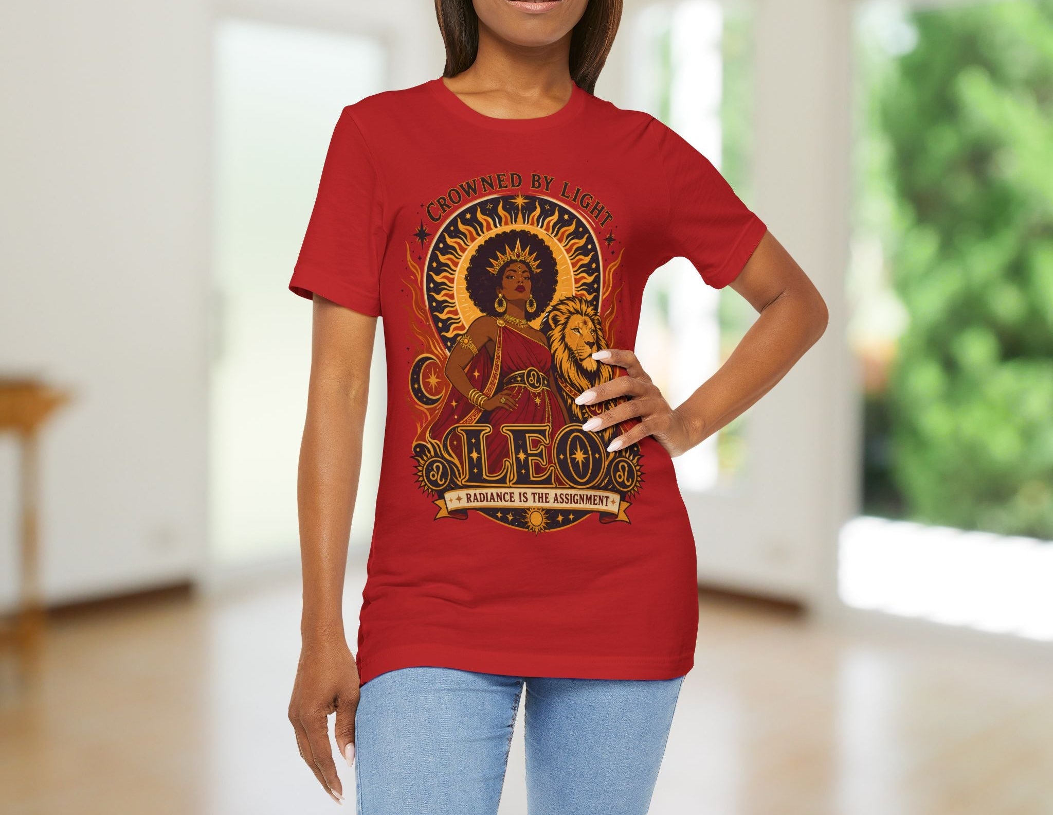 red Leo Zodiac shirt with a black woman and lion with the text crowned by light. radiance is the assignment