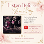 Promotional graphic for the song 'Girl, Breathe' by Sacred Nurture, presented by Sassy Elevate. The design features a cream background with pink floral accents in the corners, gold decorative flourishes, and a central square album cover showing a woman wearing headphones next to a vintage microphone.