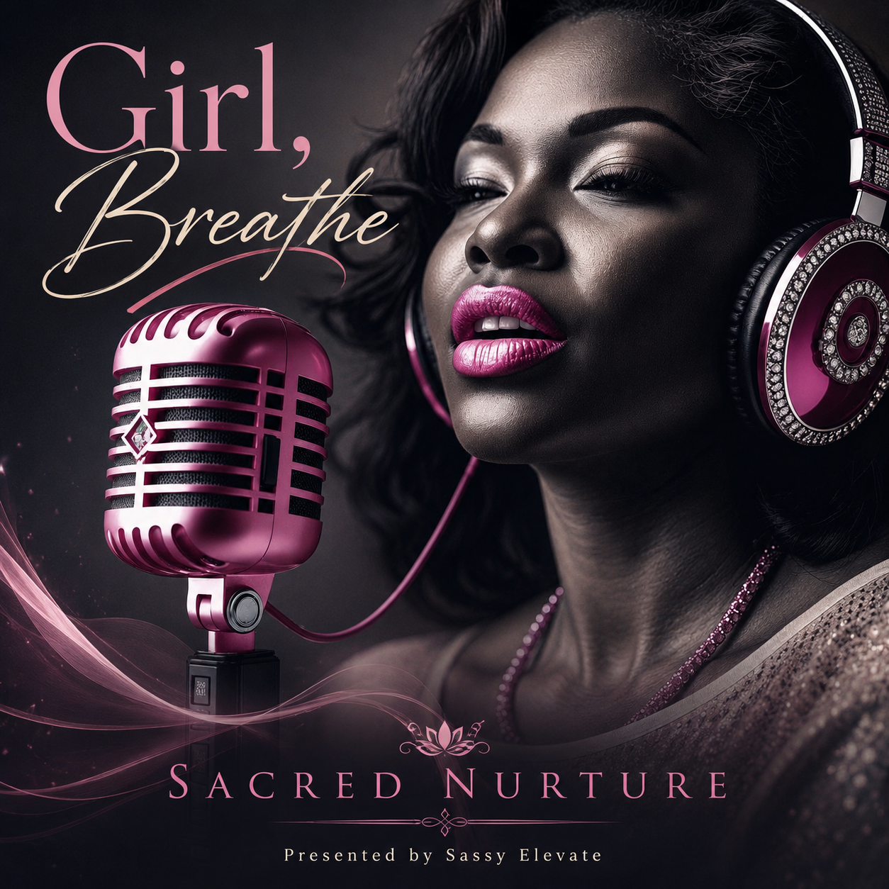 Album-style cover art featuring a woman wearing pink headphones beside a pink vintage microphone, with the text 'Girl, Breathe' and 'Sacred Nurture' and 'Presented by Sassy Elevate' on a dark background.