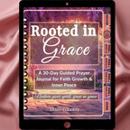 A tablet displaying a spiral-bound journal cover titled "Rooted in Grace" with the subtitle "A 30-Day Guided Prayer Journal for Faith Growth & Inner Peace" on a pink satin background.